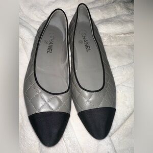 CHANEL Quilted Gray and Black Flats